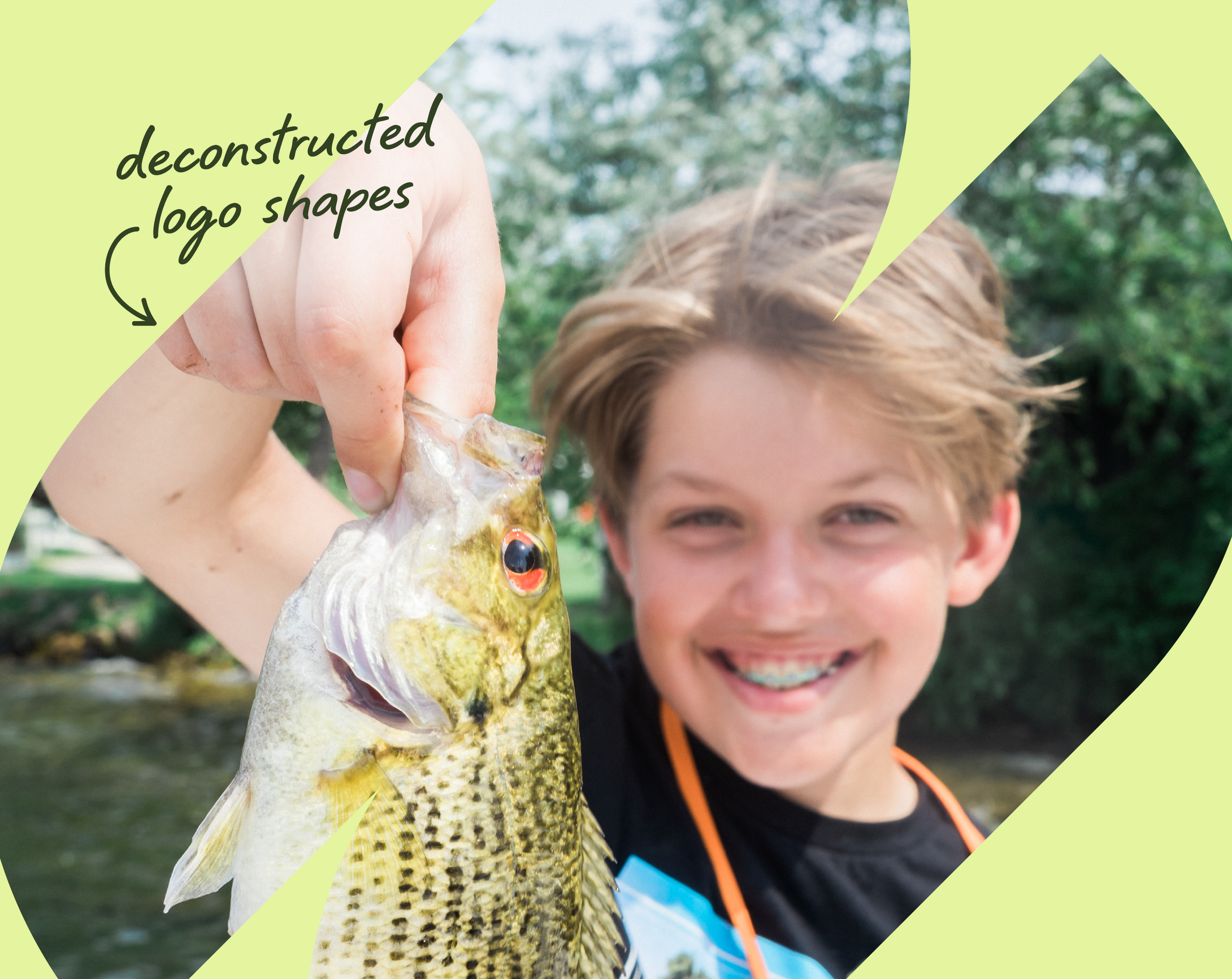 A smiling boy holding a fish with deconstructed logo shapes and handwritten text stating 'deconstructed logo shapes' over a green background.