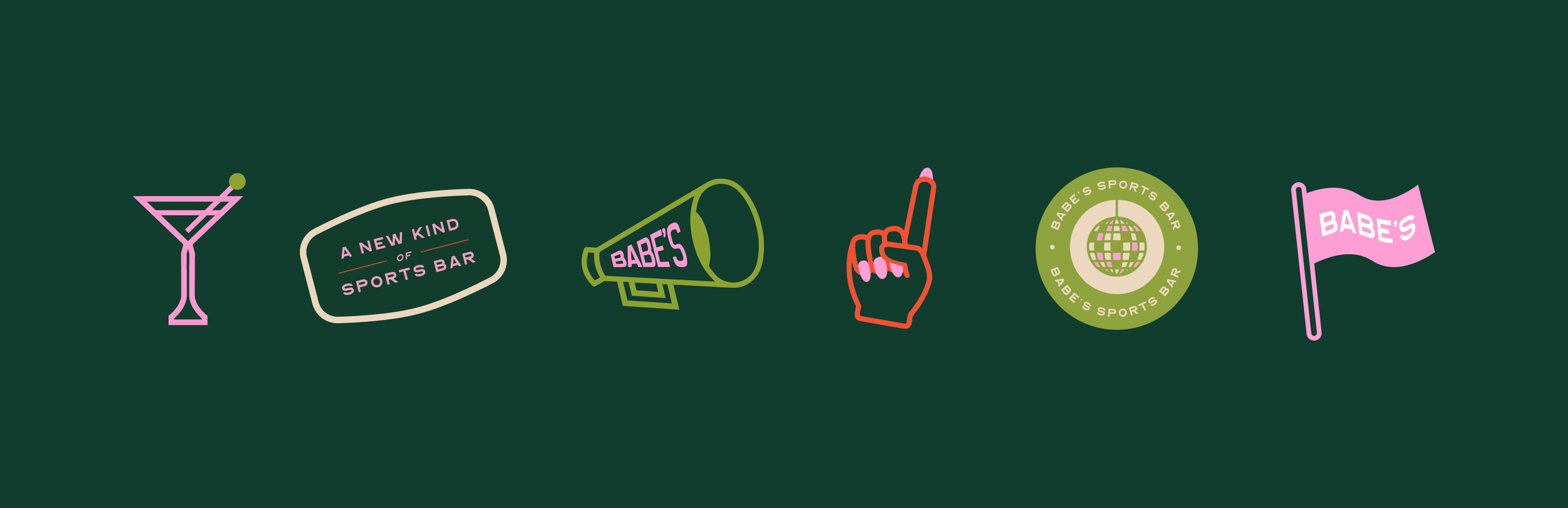 Neon signs and logos for Babe's Sports Bar, including a martini glass, a bottle with text, a megaphone, a pointing finger, a circular logo, and a flag with the text 'Babe's' on a dark green background.