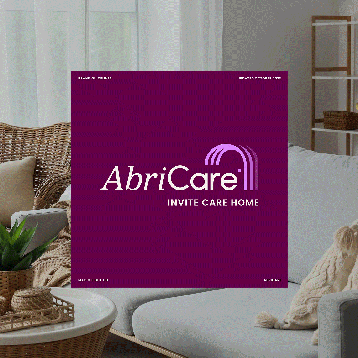 AbriCare brand guidelines with a purple background, logo, and text inviting care home services, set against a light living room background.