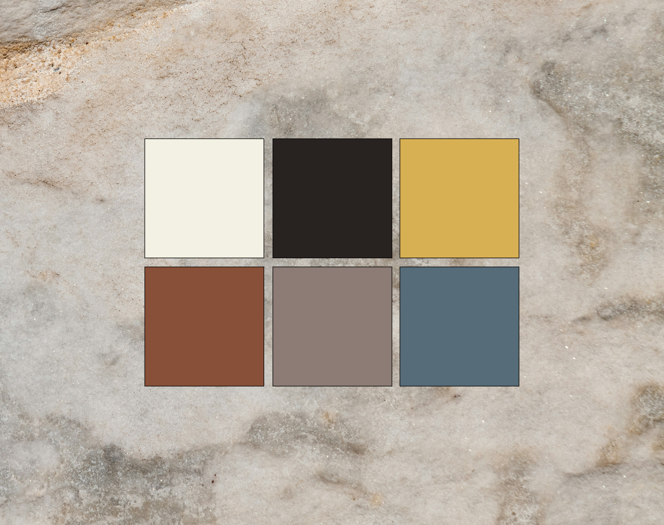 Six color swatches arranged in two rows of three on a sandy background. The colors from top left to bottom right are off-white, black, mustard yellow, brown, taupe, and slate blue.