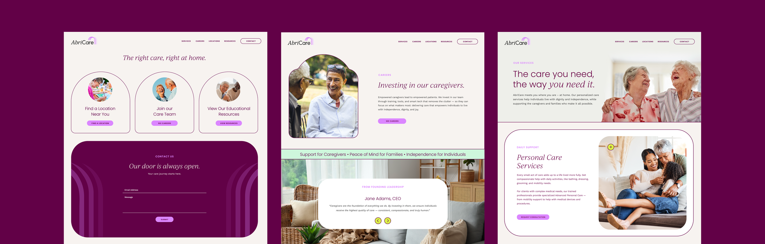 Screenshots of a website for AbriCare, a caregiving service. The first screenshot shows the homepage with options to find a location, join the care team, and view resources.