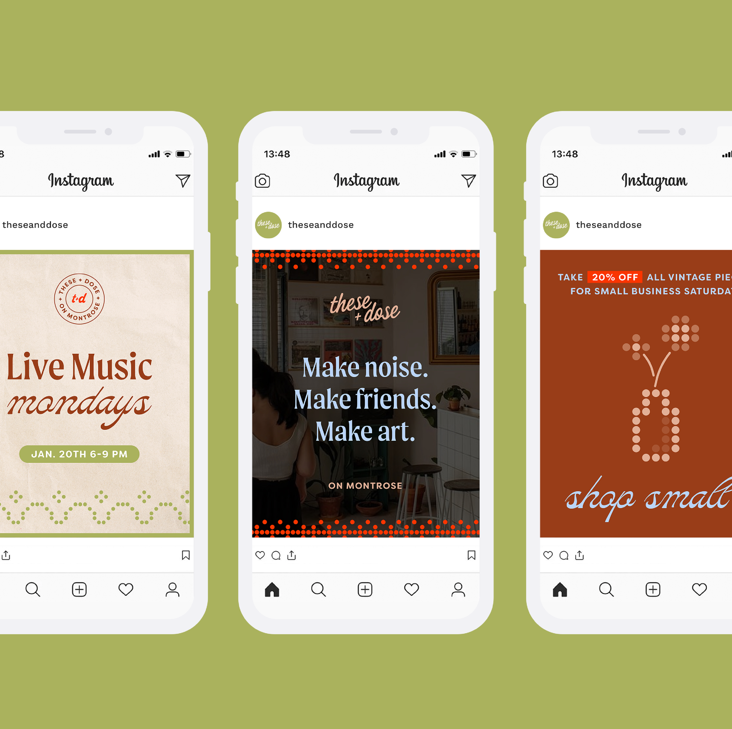 Screenshots of Instagram posts from thesanddose promoting local events, activities, and discounts including live music on Mondays, a creative space to make art and friends, and a small business sale.