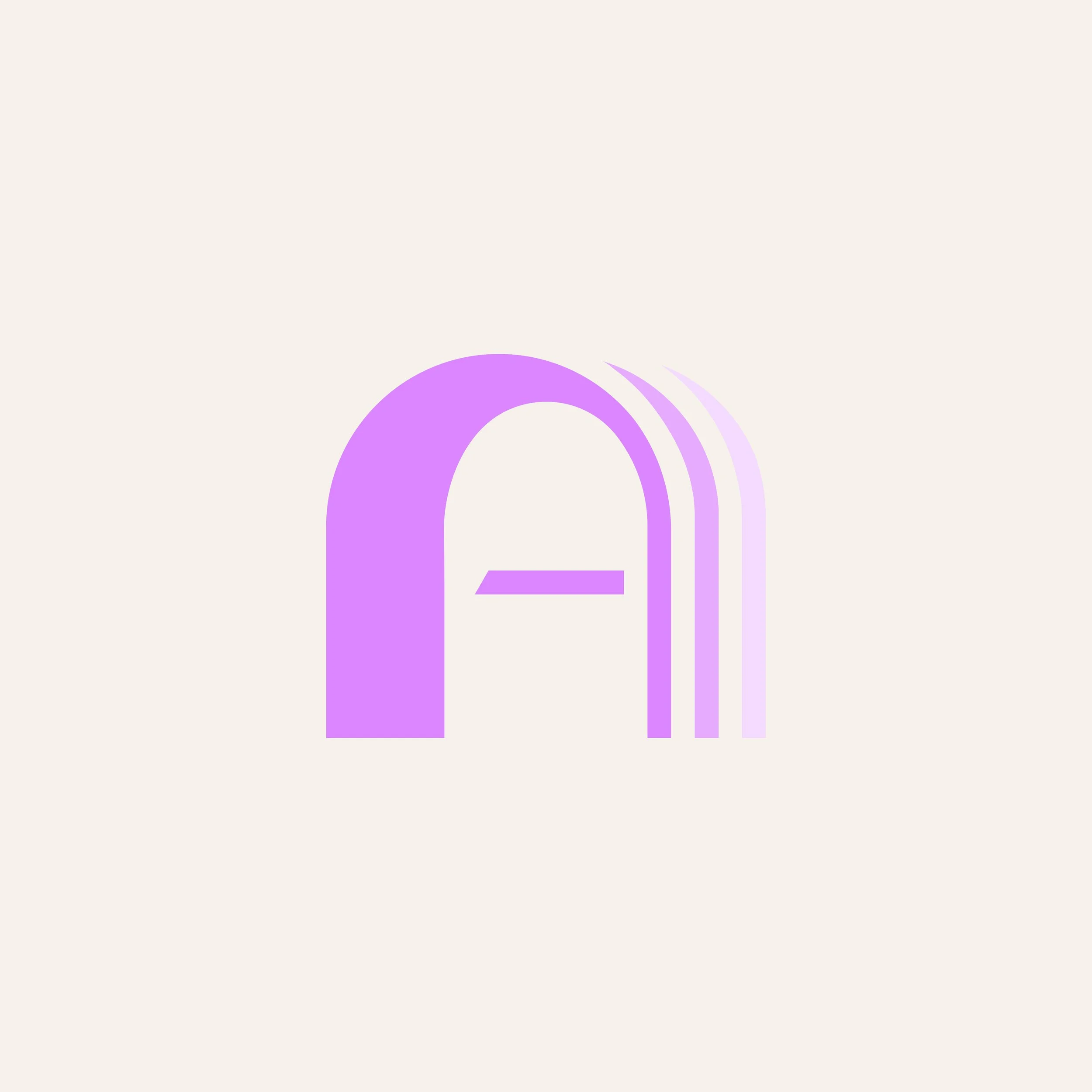 Stylized purple letter 'A' with three trailing lines on a light background.