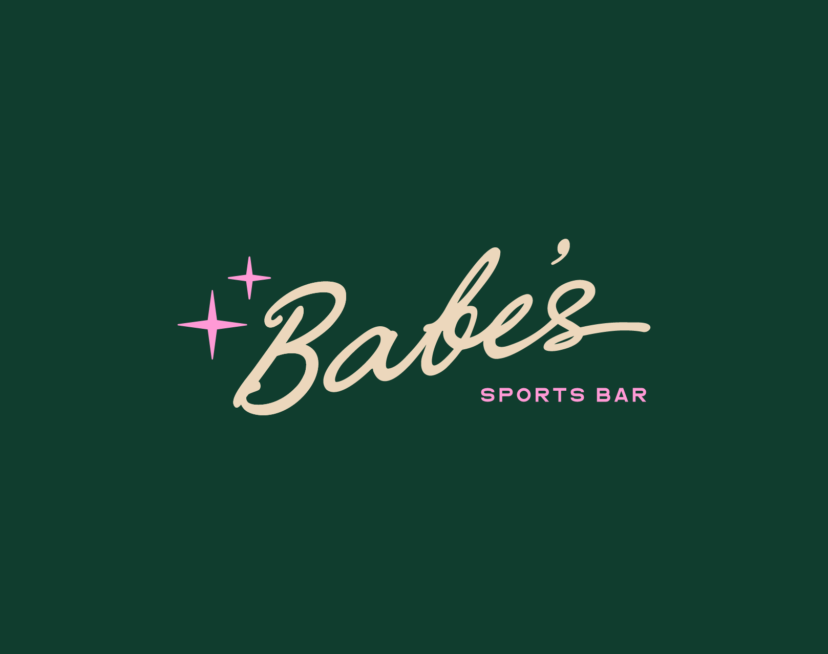 Logo for Babe's Sports Bar with pink stars and name in beige script on dark green background.
