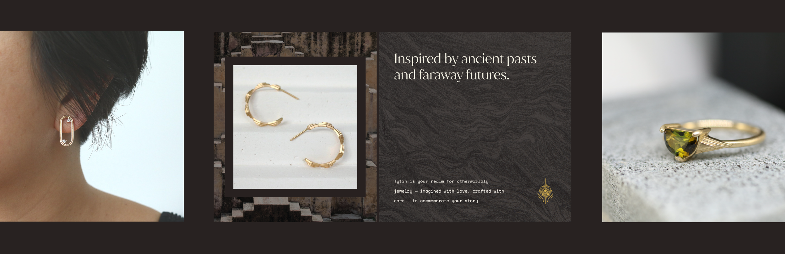Close-up of a woman's ear with a gold hoop earring, a pair of gold hoop earrings on display, a promotional text about jewelry inspired by ancient pasts, and a gold ring with a green gemstone.