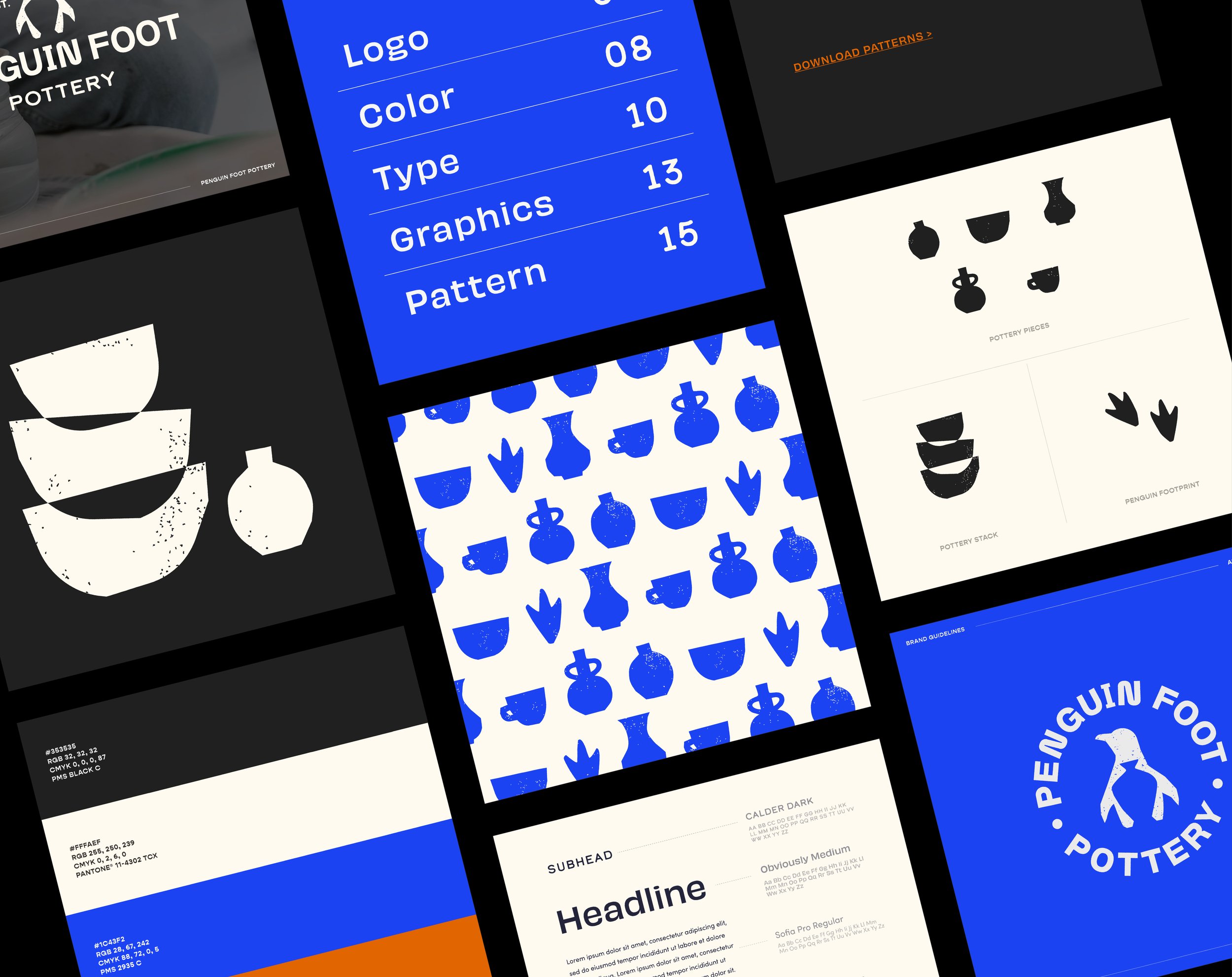 Design mockups for Penguin Foot Pottery branding, featuring logo, patterns, pottery icons, and style guides in blue, black, and white.