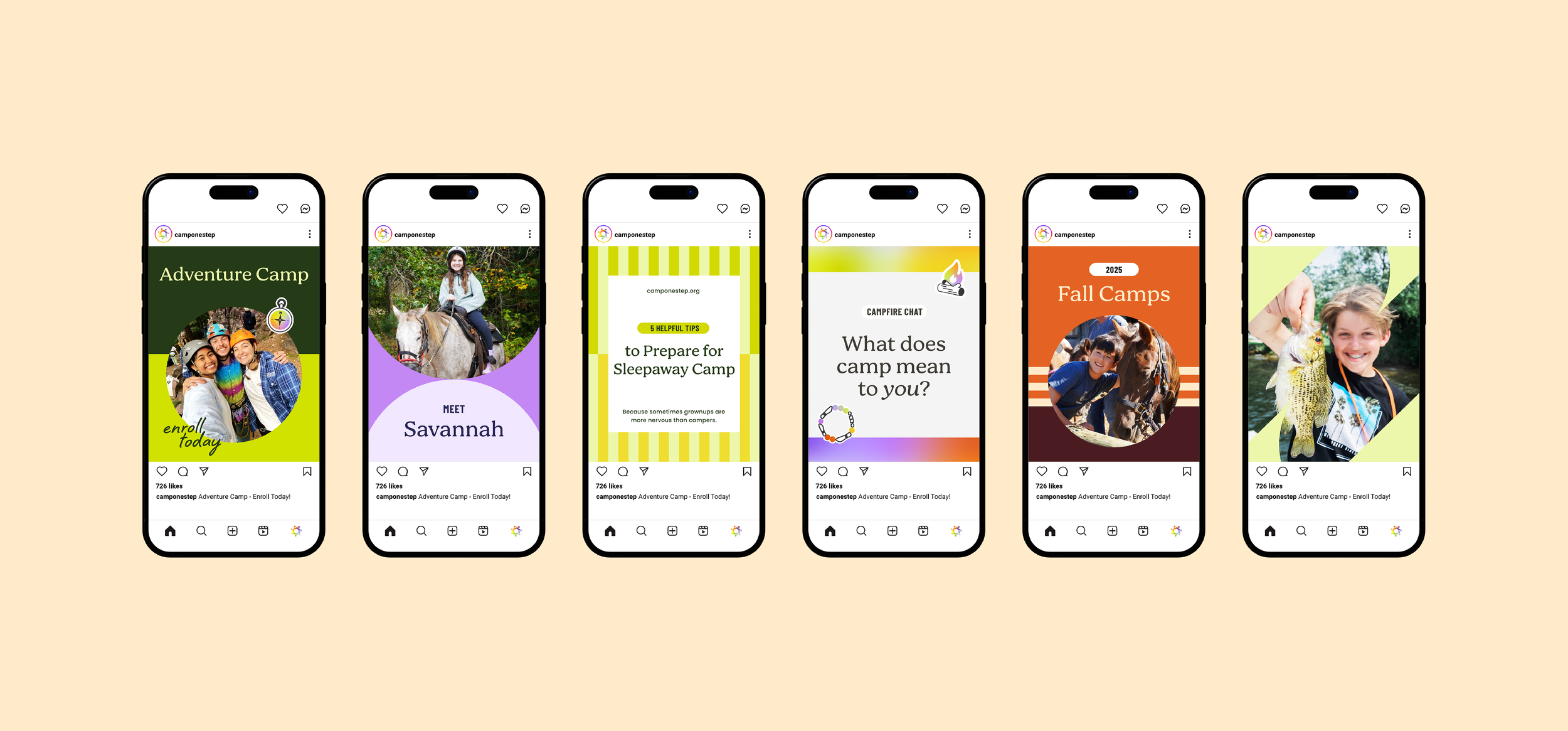 Six smartphone screens displaying social media posts about summer and fall camp programs, with photos of children engaging in outdoor activities like horseback riding and fishing, and informational tips about camp preparations.