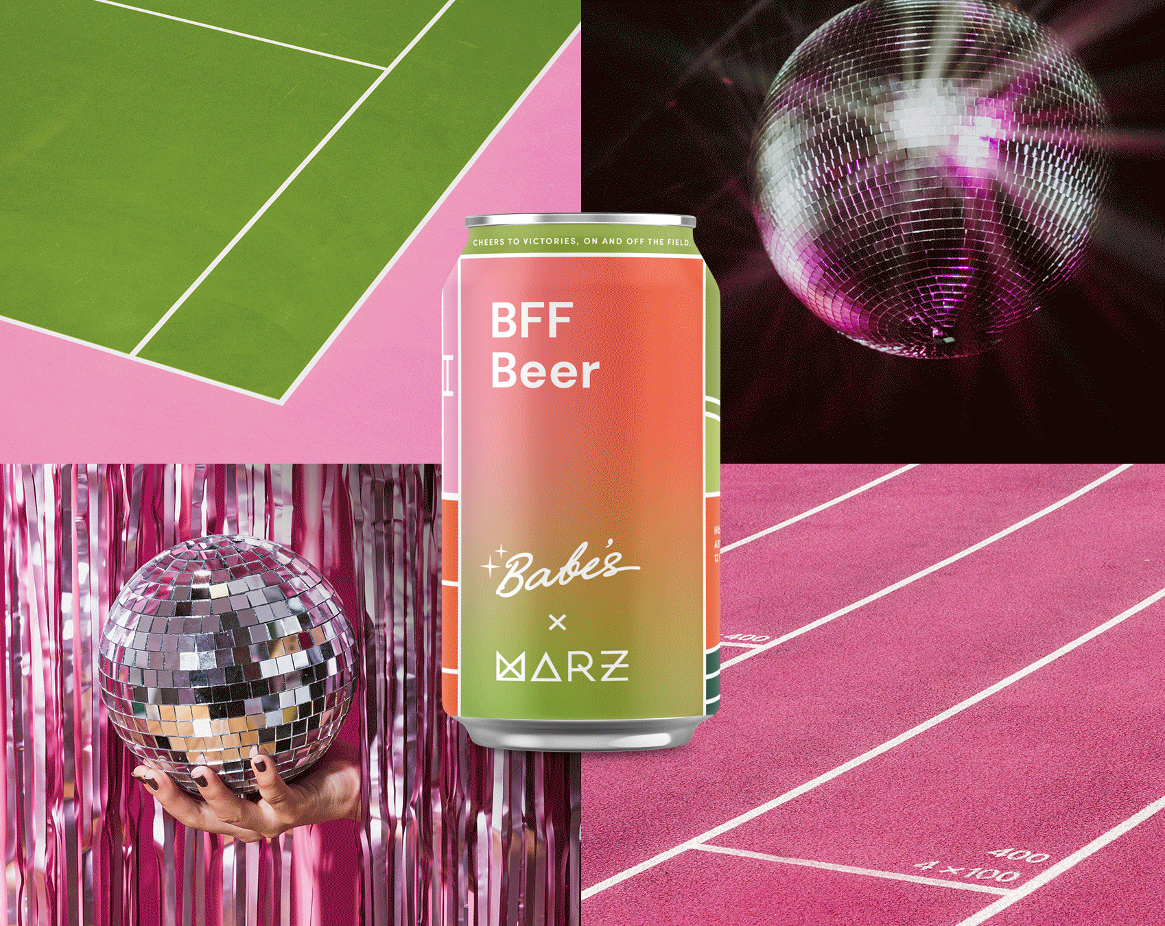 Collage of four images: top-left shows a tennis court with green and pink surface; top-right has a disco ball reflecting pink and purple lights; bottom-left displays a disco ball held by a hand with pink metallic curtains in the background; bottom-right features a pink running track with white lines and markings; center is a can of BFF Beer with pastel pink, orange, and green colors, party-themed design, and bubbly text.