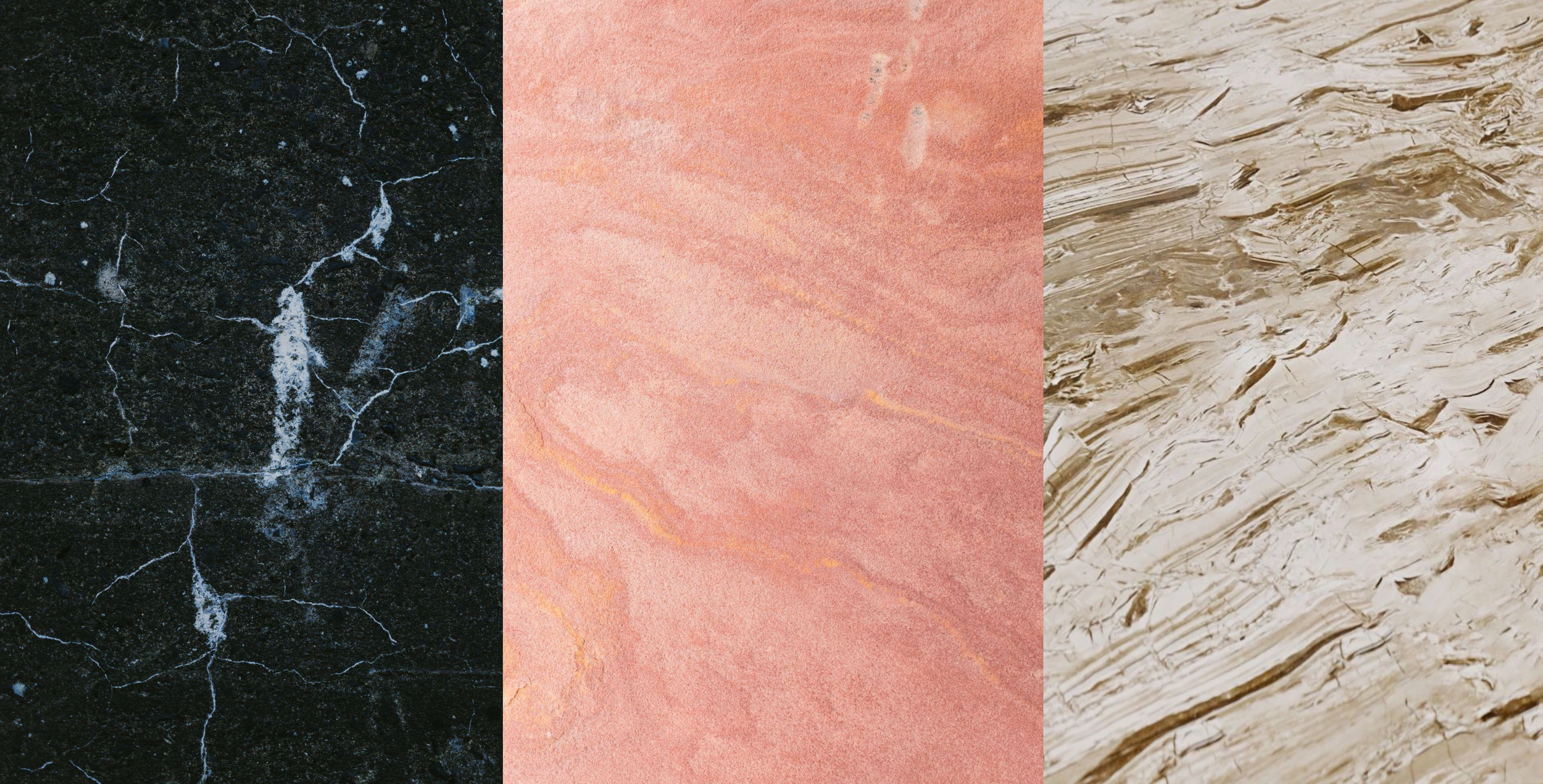 Three different types of stone textures side by side: black marble with veining, pink marble with smooth streaks, and beige granite with swirling patterns.