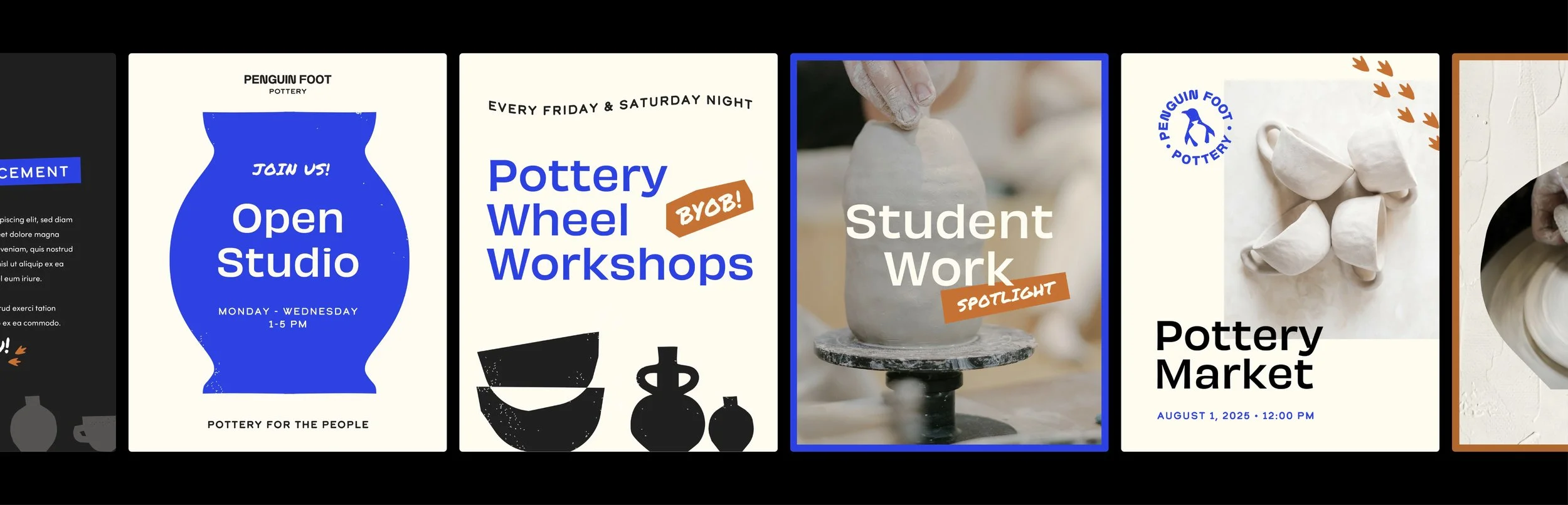 Image of a series of flyers and advertisements for pottery events and workshops, featuring images of pottery and text with dates and event details.