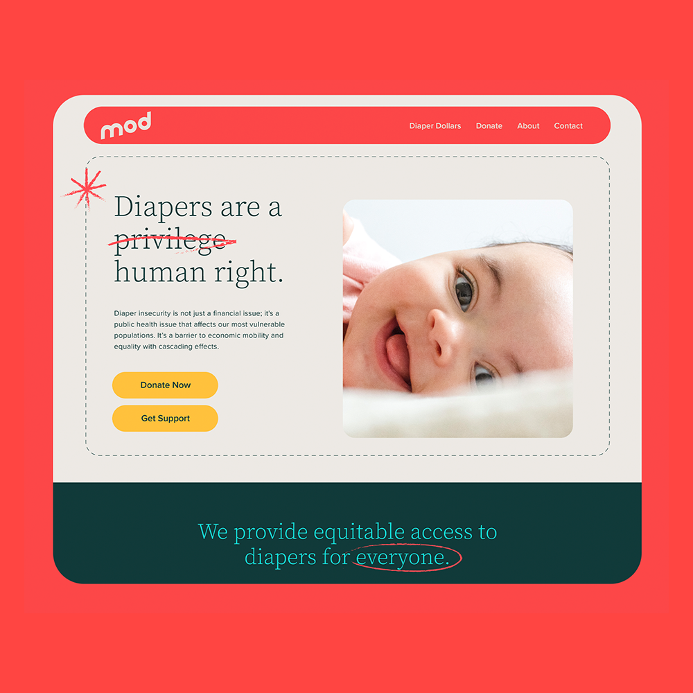 A website homepage for a diaper charity with a red header labeled 'mod,' navigation links, a photo of a smiling baby, and text emphasizing accessible diaper support for everyone.
