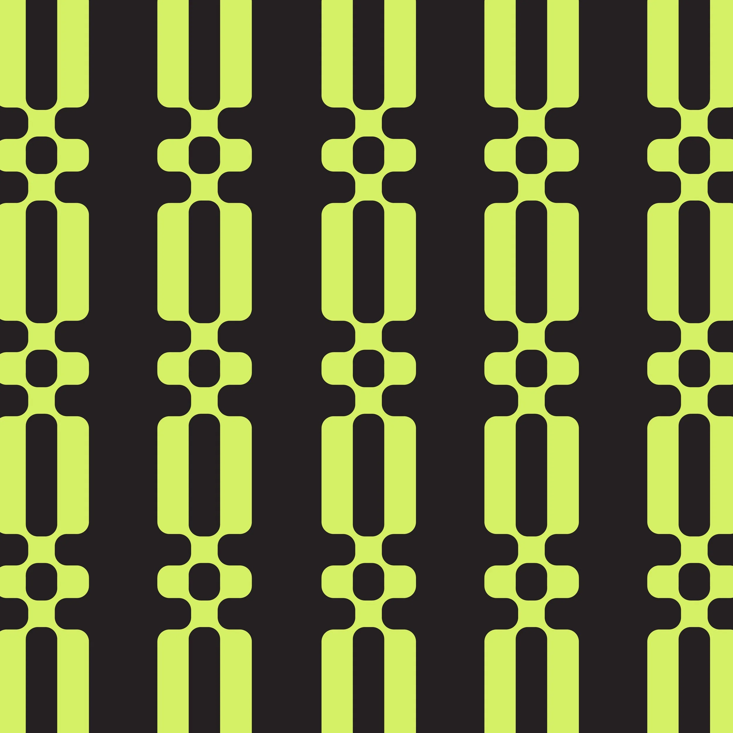 A repeating pattern of black and yellow-green geometric shapes with vertical symmetry.