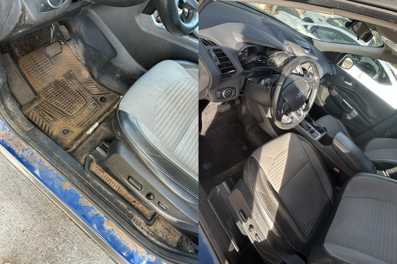 Side-by-side comparison of a car interior before and after cleaning. The left shows a dirty, dusty car floor and seat, while the right shows a clean, vacuumed car interior with gray seats and dashboard.
