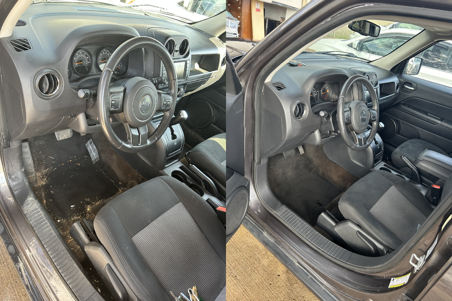 Side-by-side comparison of the interior of two Jeep vehicles, showing dashboards, steering wheels, and front seats from the driver’s side. The left image depicts a Jeep with dirt on the floor, while the right image shows a cleaner interior.