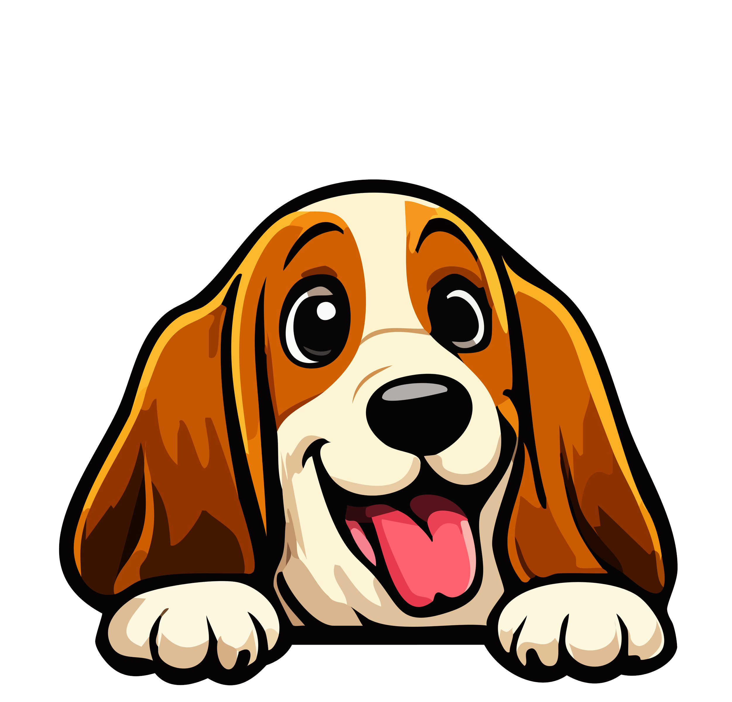 Cartoon illustration of a happy Basset Hound puppy with floppy ears, big eyes, and its tongue out.