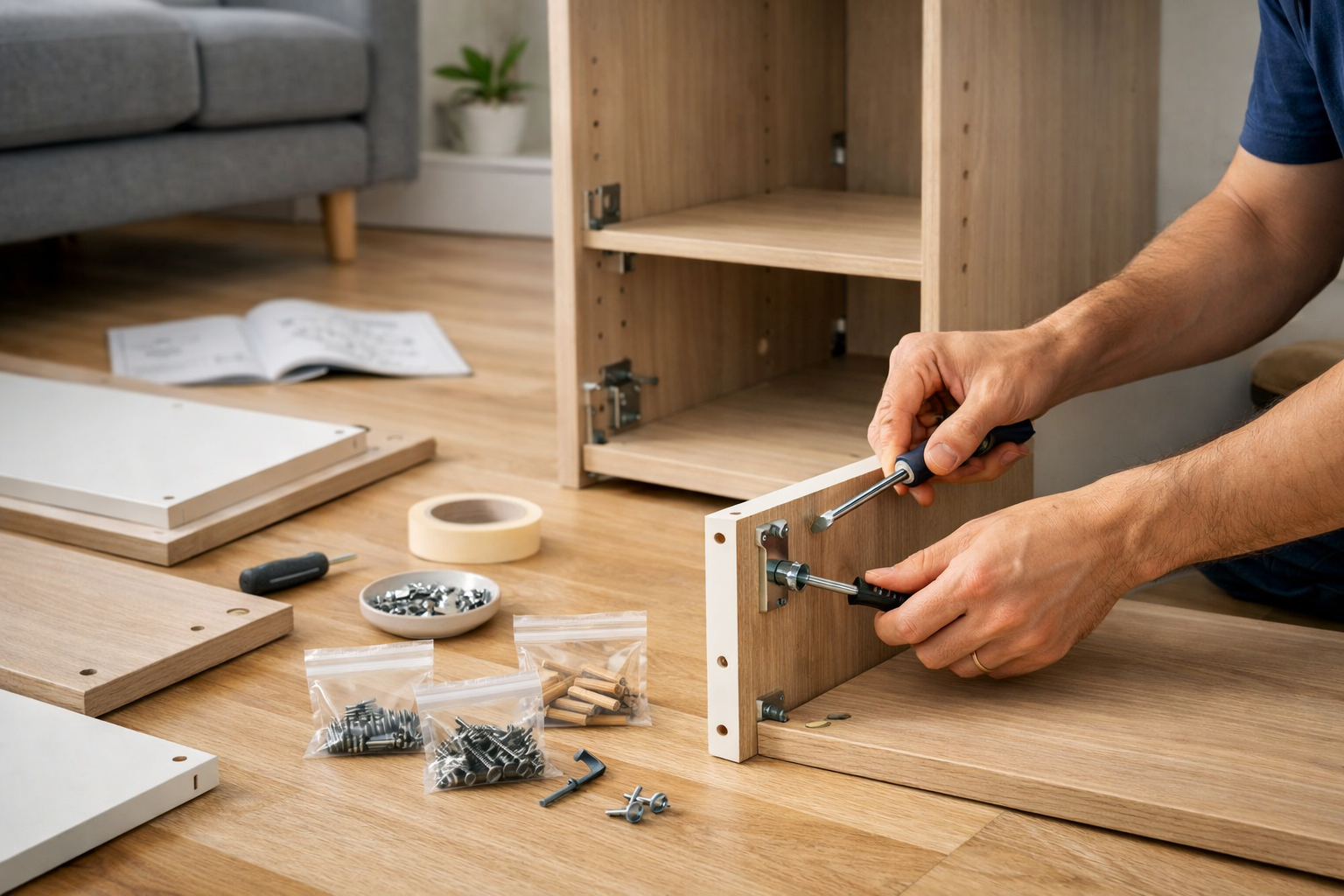 Person assembling wooden furniture using screwdriver with various tools and hardware scattered on wooden floor.