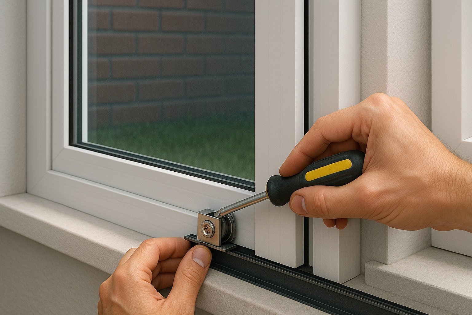 Person using a screwdriver to install or tighten a metal window lock on a white-framed window.