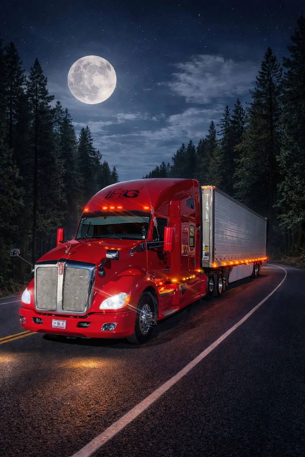 Camión rojo en una carretera rodeada de árboles bajo la noche con una luna llena en el cielo