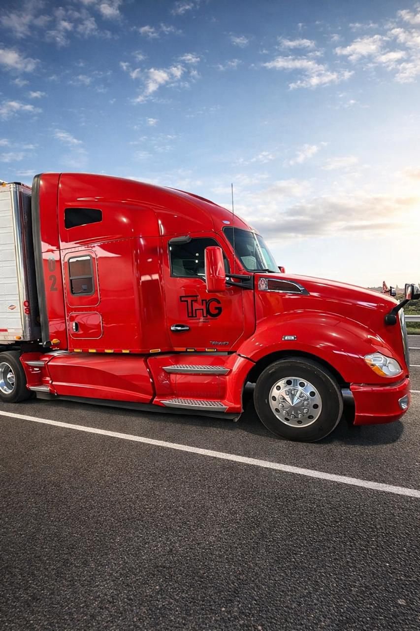 Camión de carga grande de color rojo en una carretera, con cielo despejado y algunas nubes.