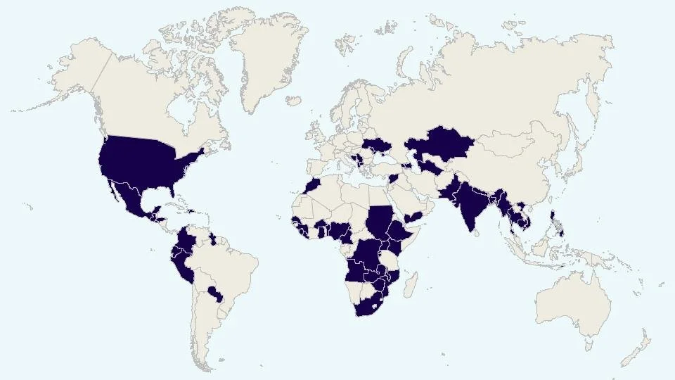 World map showing countries in dark blue, indicating the countries where Local Works Global network members are from, while other countries are in light beige.