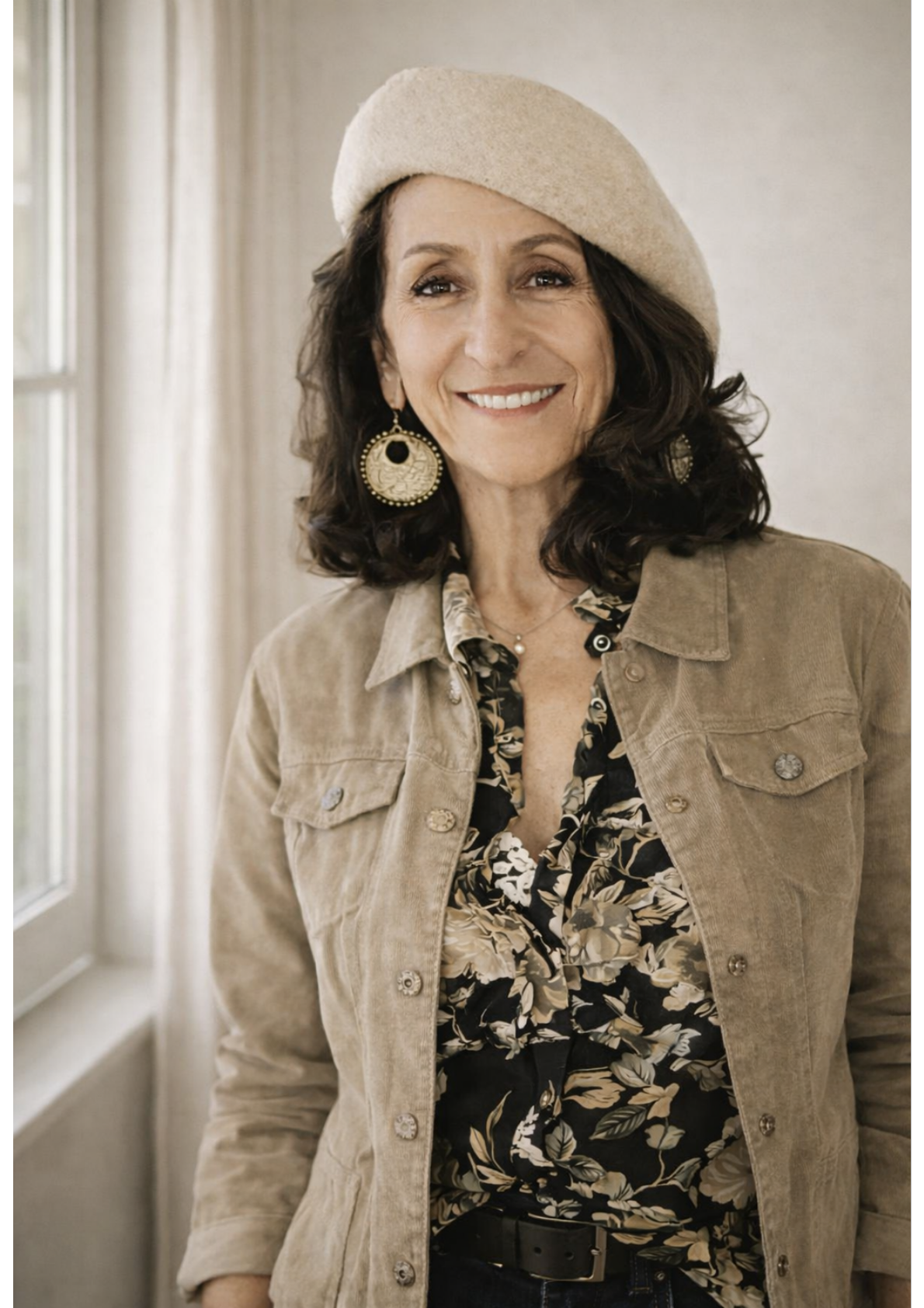 Femme souriante portant une veste beige, un haut à motif floral, un béret beige et de grandes boucles d'oreilles, à proximité d'une fenêtre.