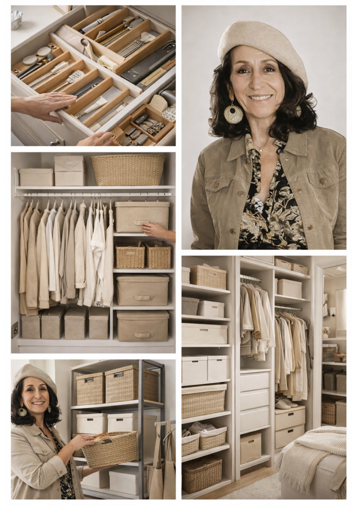 Une femme organise une armoire intérieure en utilisant des boîtes de rangement naturelles et des vêtements de couleur neutre.