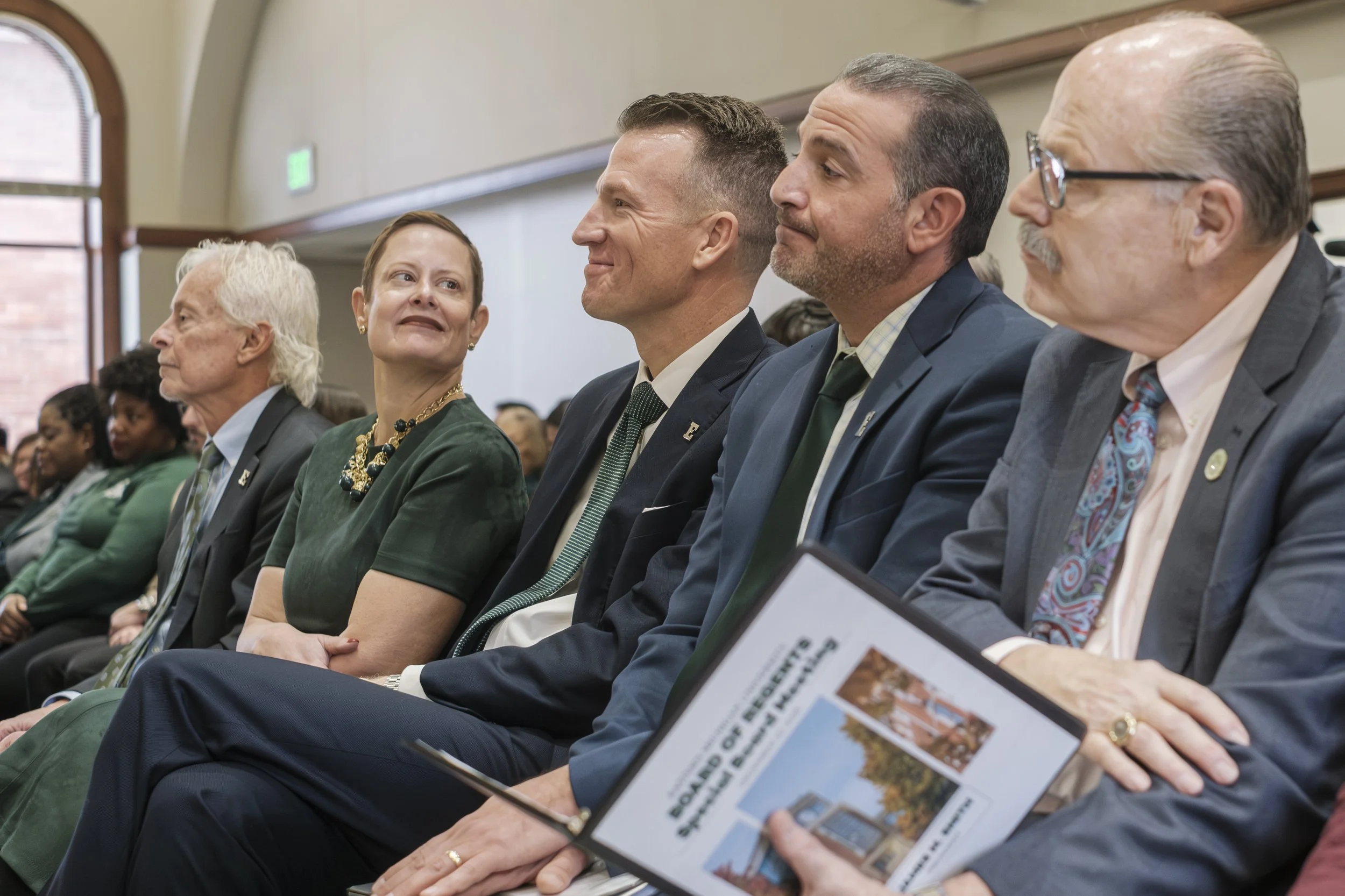 Dr. Brendan Kelly listening to the board of regents speak in Welch Hall on the campus of Eastern Michigan University in Ypsilanti, MI