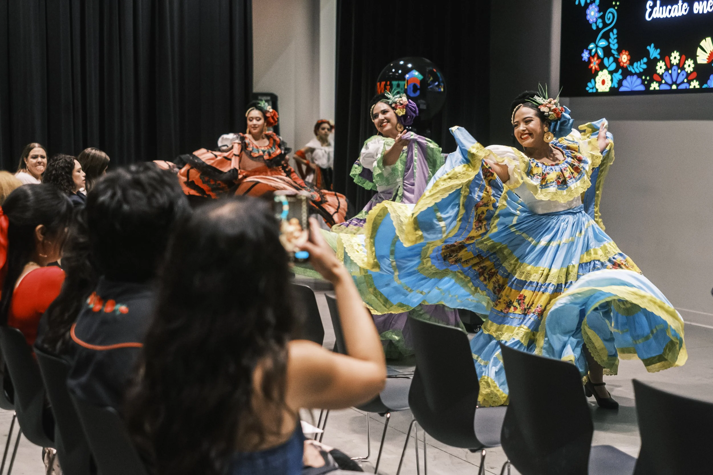 Folkloric Mexican dance performance in front of an audience.