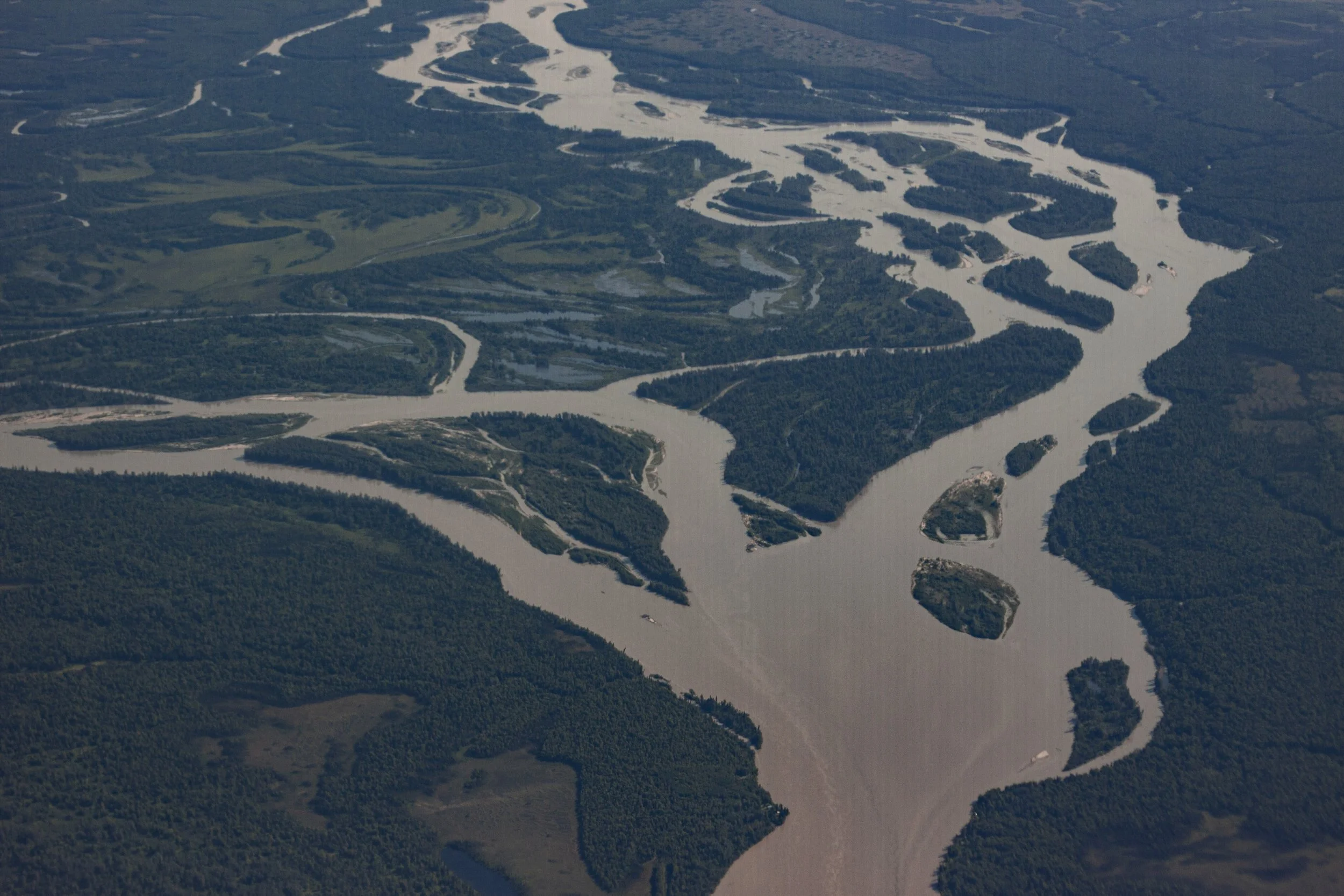 A mile high view of the curvy Kuskokwim River in a remote part of Alaska.
