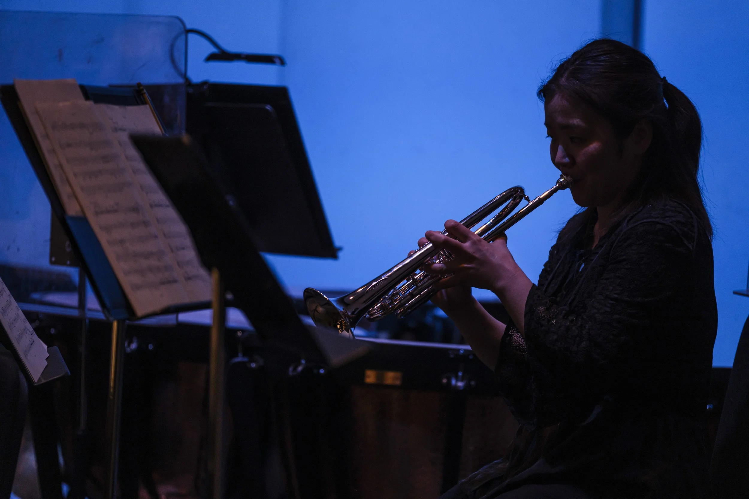 A silhouetted musician plays their trumpet on stage with a blue backdrop. The musician is a part of the Ann Arbor Symphony Orchestra.