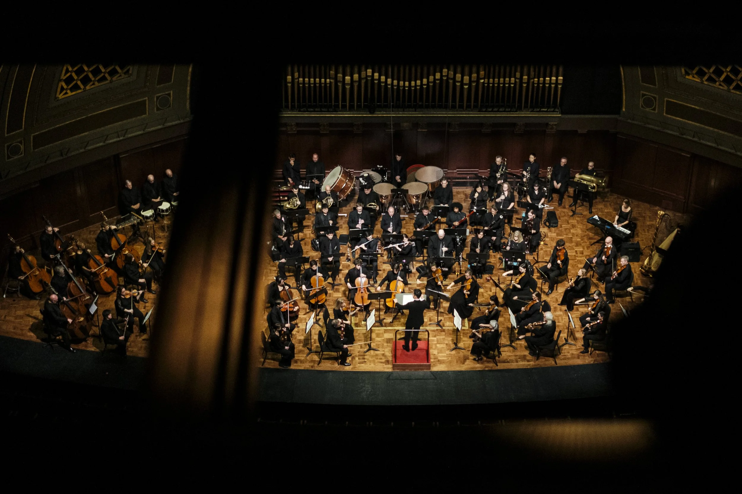 An overhead, wide view of the entire Ann Arbor Symphony Orchestra on stage.