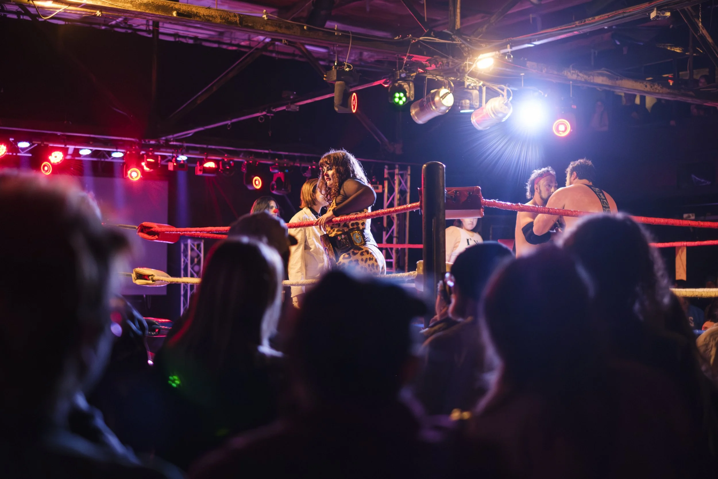 A wrestling ring is illuminated while wrestlers stand in a ring with silhouetted heads from the audience.