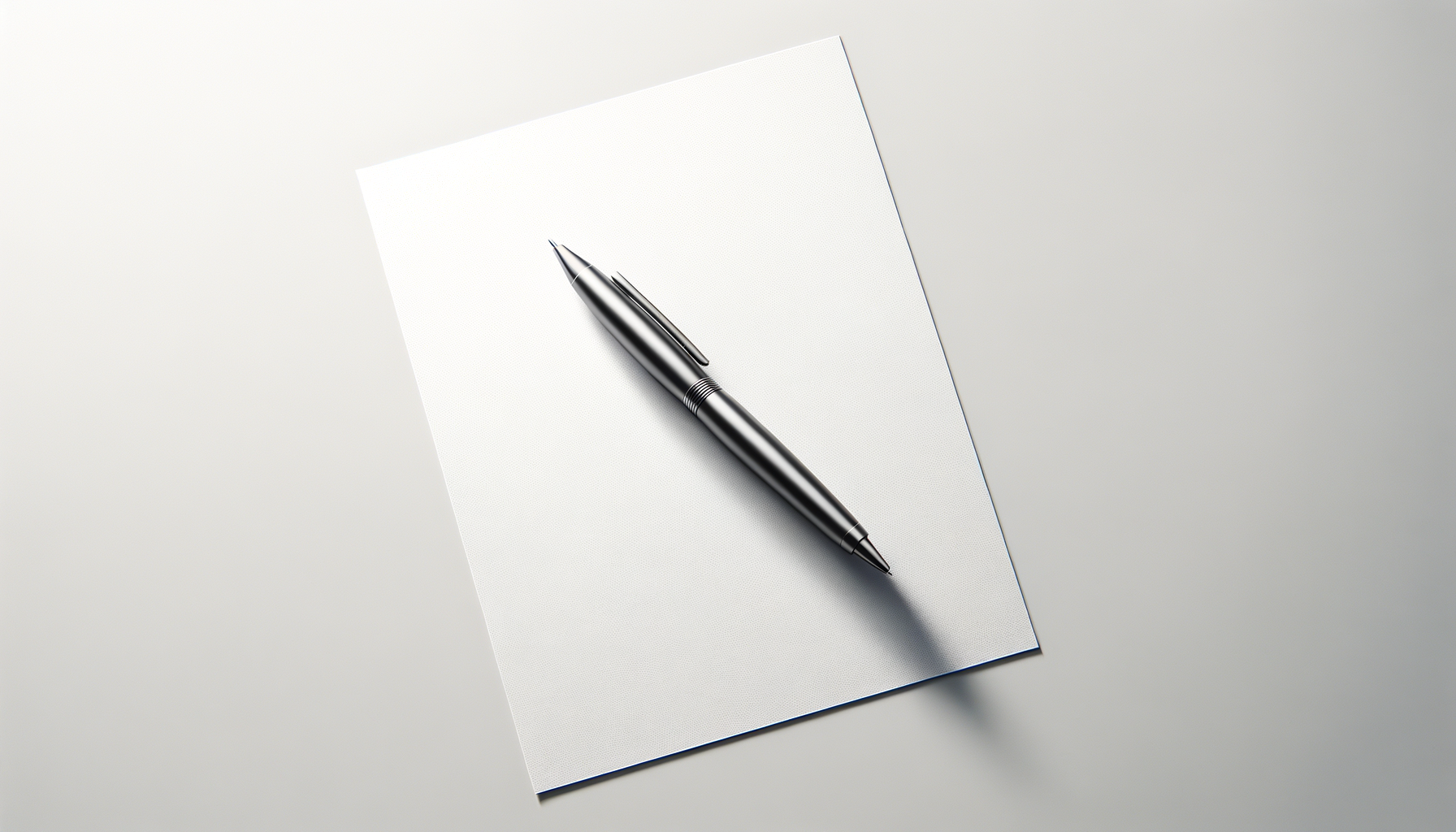 A silver pen resting on a blank sheet of white paper on a light gray surface.