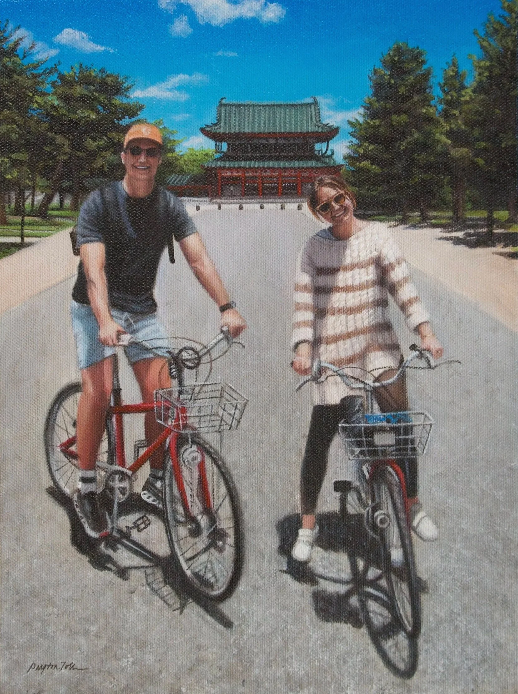 A painting of a man and woman stand with their bicycles on a sunny day in front of a traditional East Asian building, possibly in Japan or China, with trees and a bright blue sky in the background.