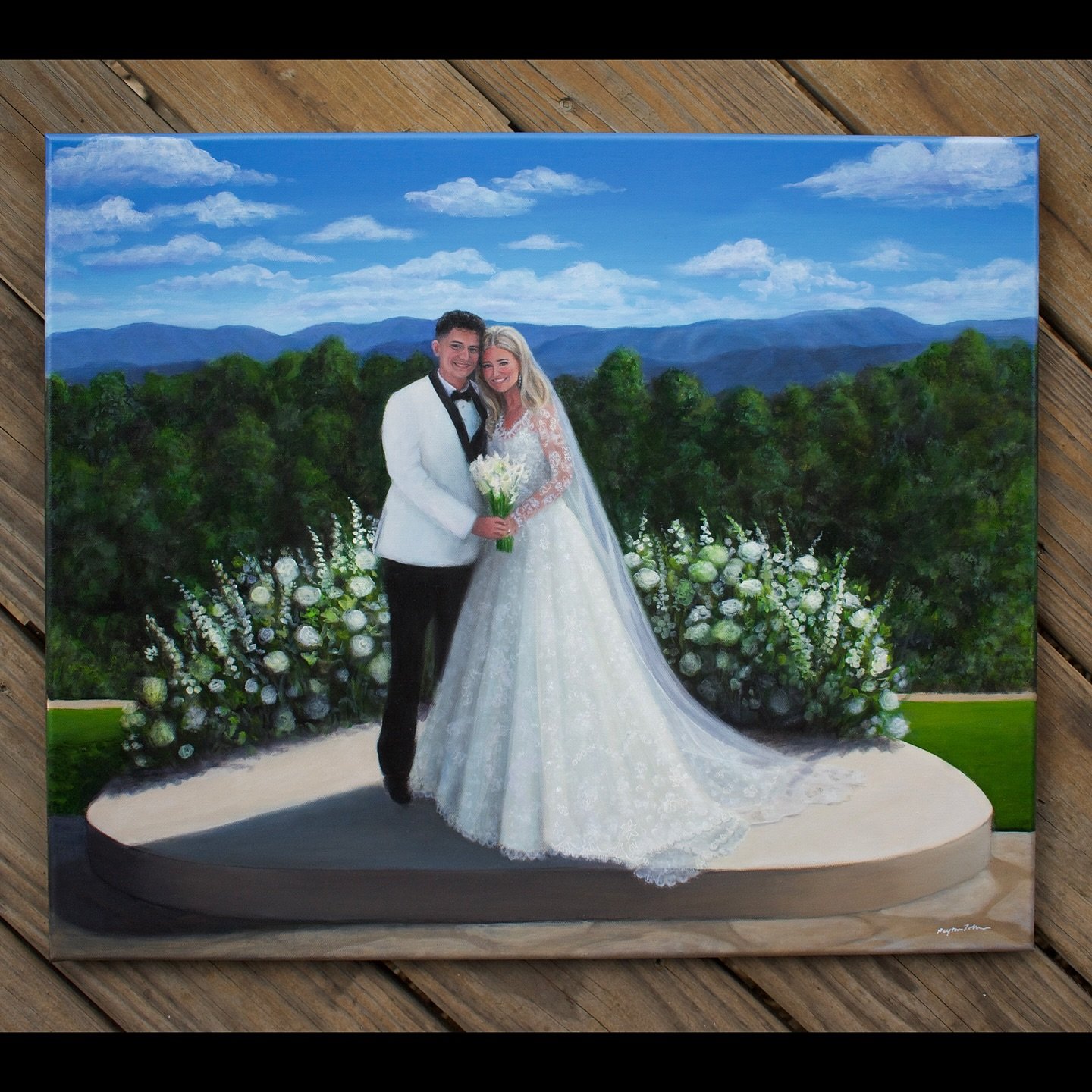 Live Wedding Painting 💍🎨 Caroline &amp; Jacob
20x24&rdquo; acrylic 🎨 

#liveweddingpainting #liveweddingpainter #weddingpainter #weddingpainting #artist #glasshouse #nicholsheir