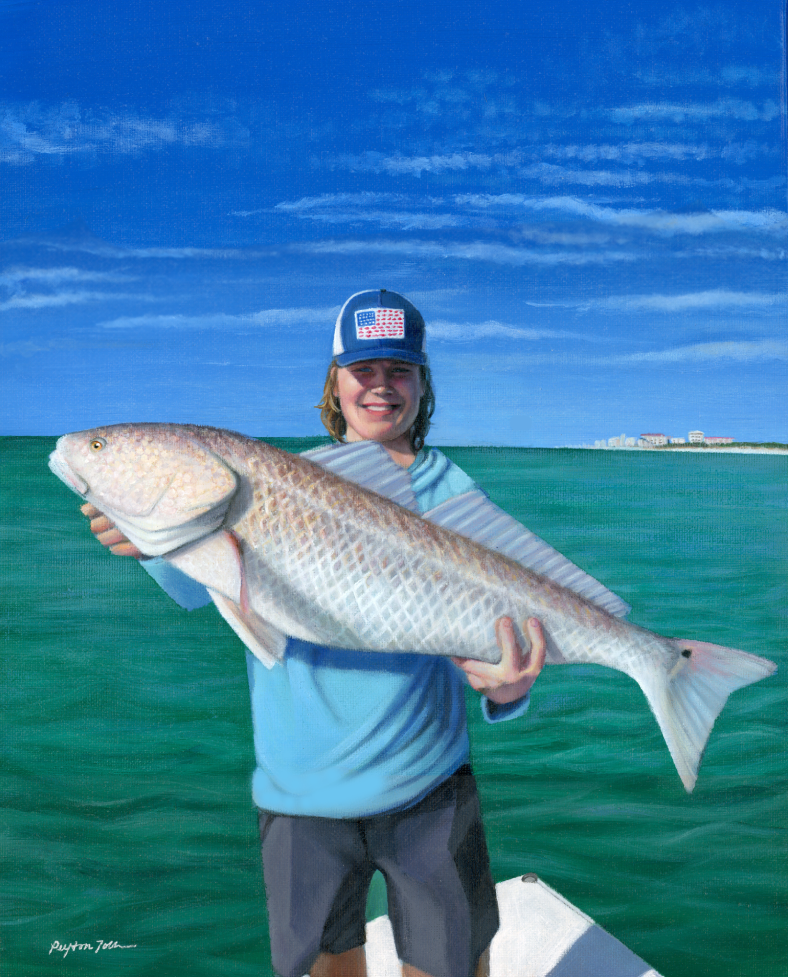 A painting of a young person in a baseball cap holding a large fish on a boat in the ocean, with a clear blue sky and distant shoreline in the background.