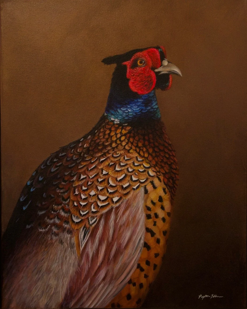 A highly detailed and realistic painting of a pheasant bird with colorful feathers and a vivid red face, set against a dark brown background.