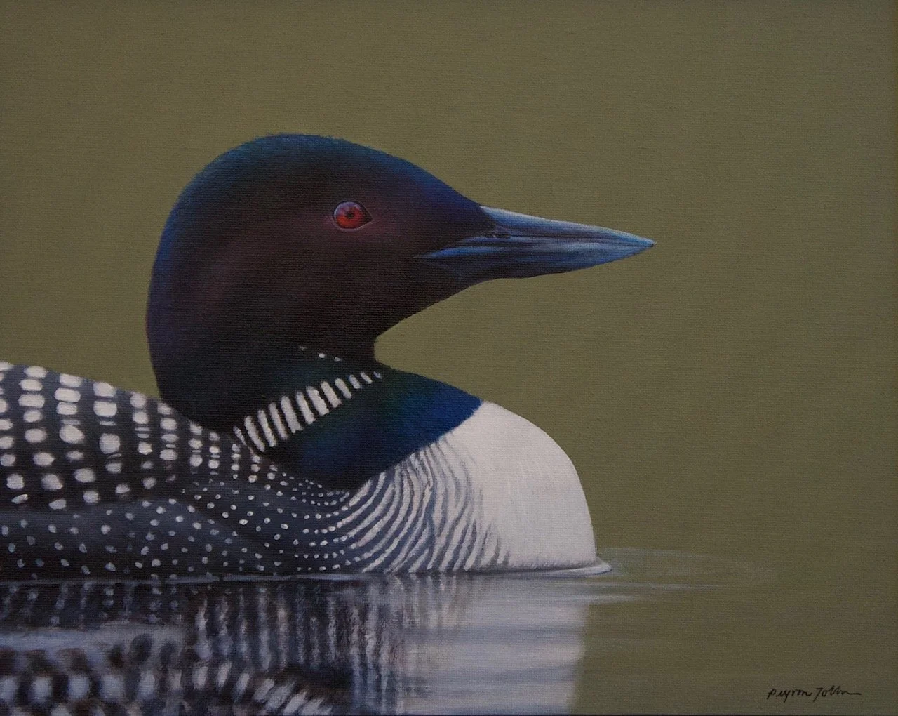 A close-up of a loon painting with a black head, red eye, white patterned neck, and black and white spotted body, floating on a calm body of water.