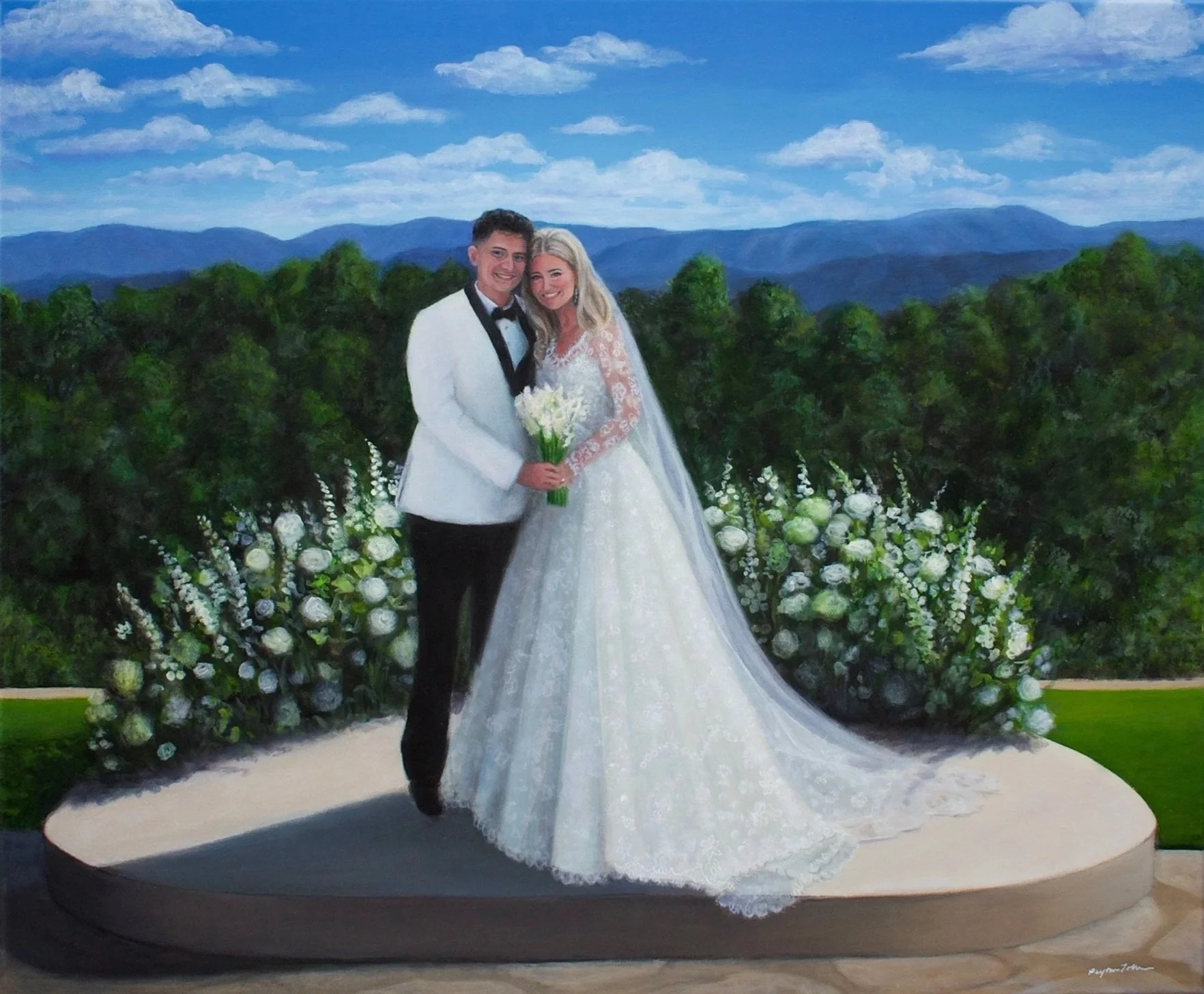 Painting of a newlywed couple standing outdoors on a round platform with mountains and trees in the background. The groom wears a white tuxedo jacket with black pants, and the bride wears a white lace wedding gown holding a bouquet of white flowers.