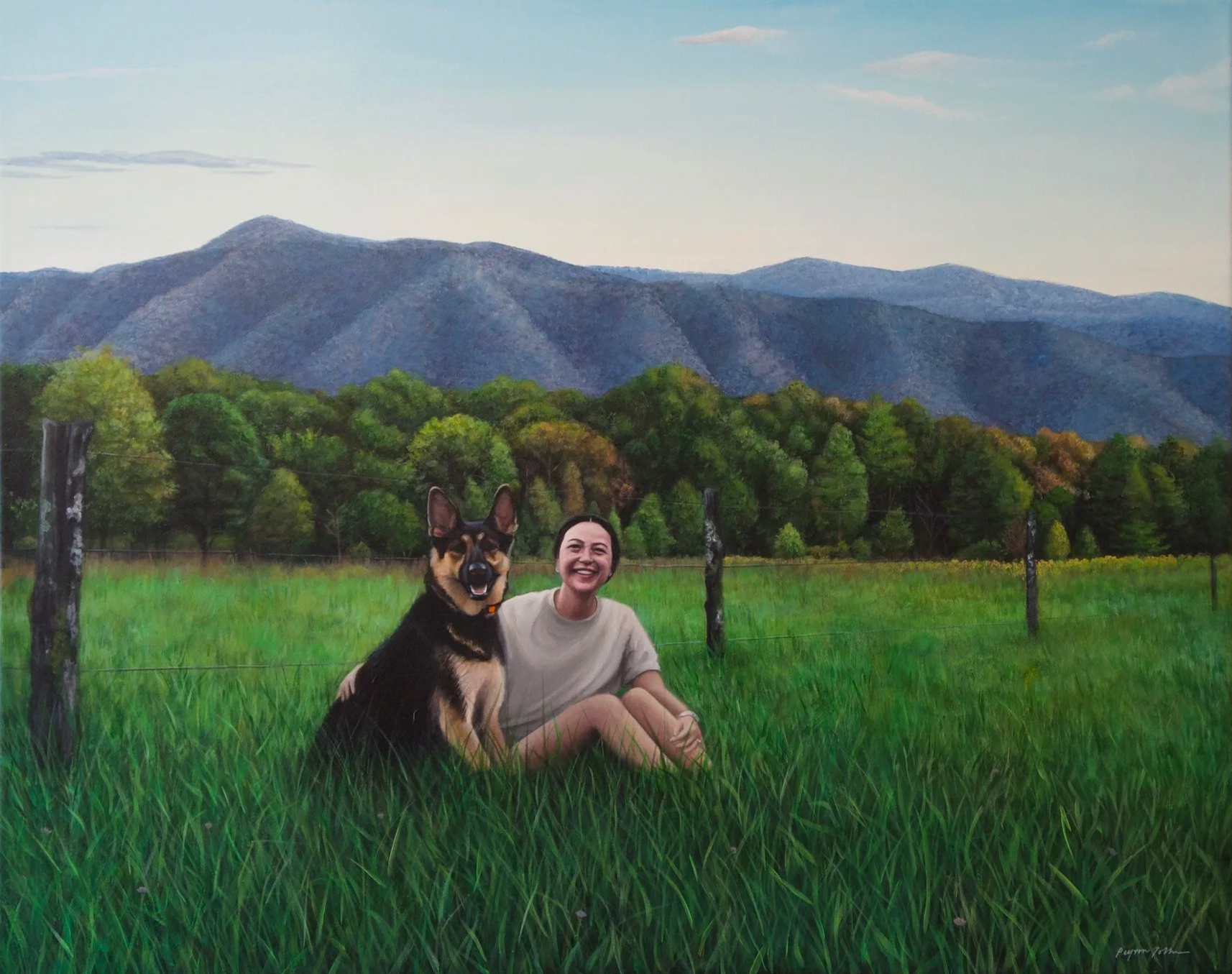Painting of a woman and a German shepherd dog sitting on grass with mountains and trees in the background.