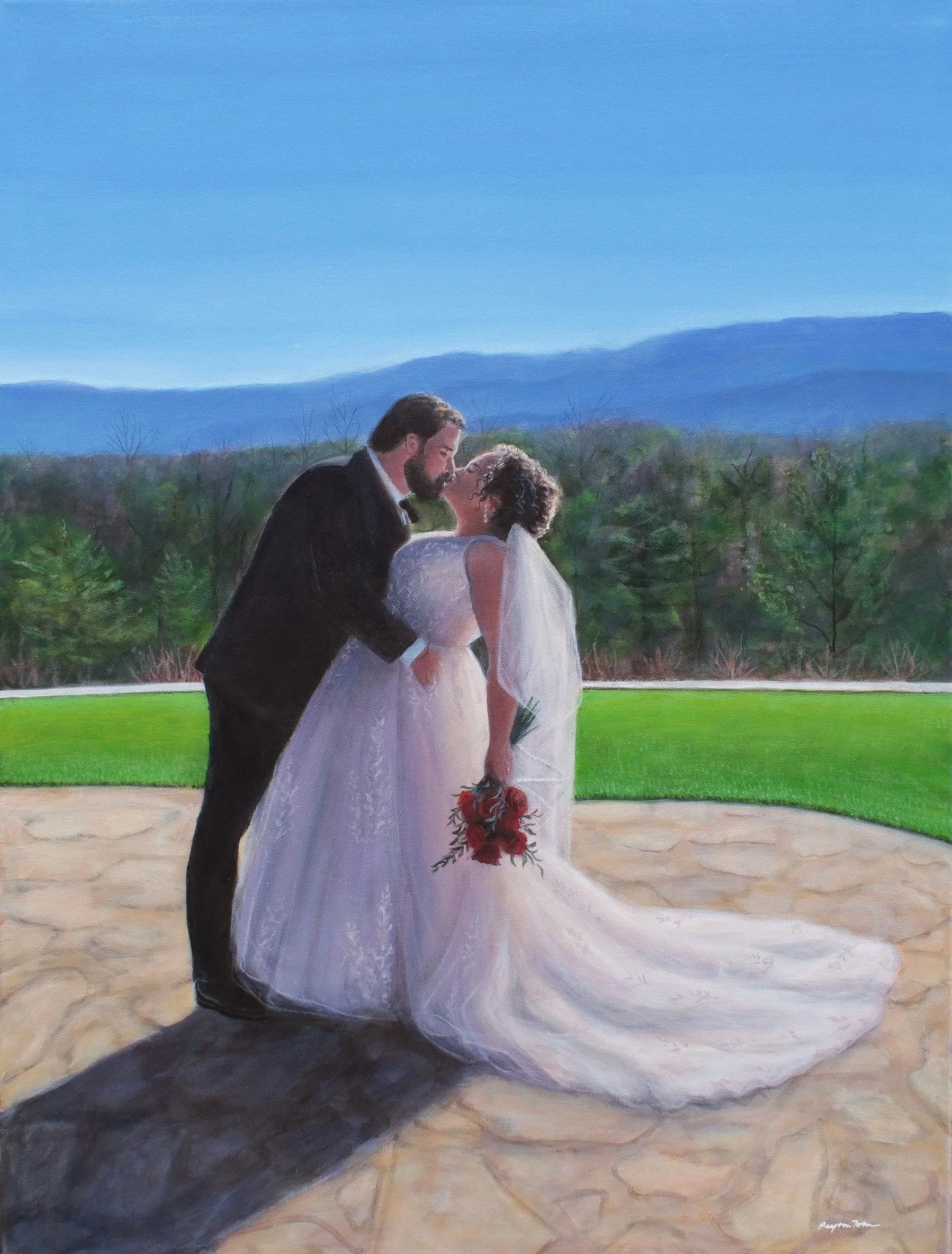 A live wedding painting of a bride and groom sharing a kiss outdoors, with a mountain range and trees in the background.