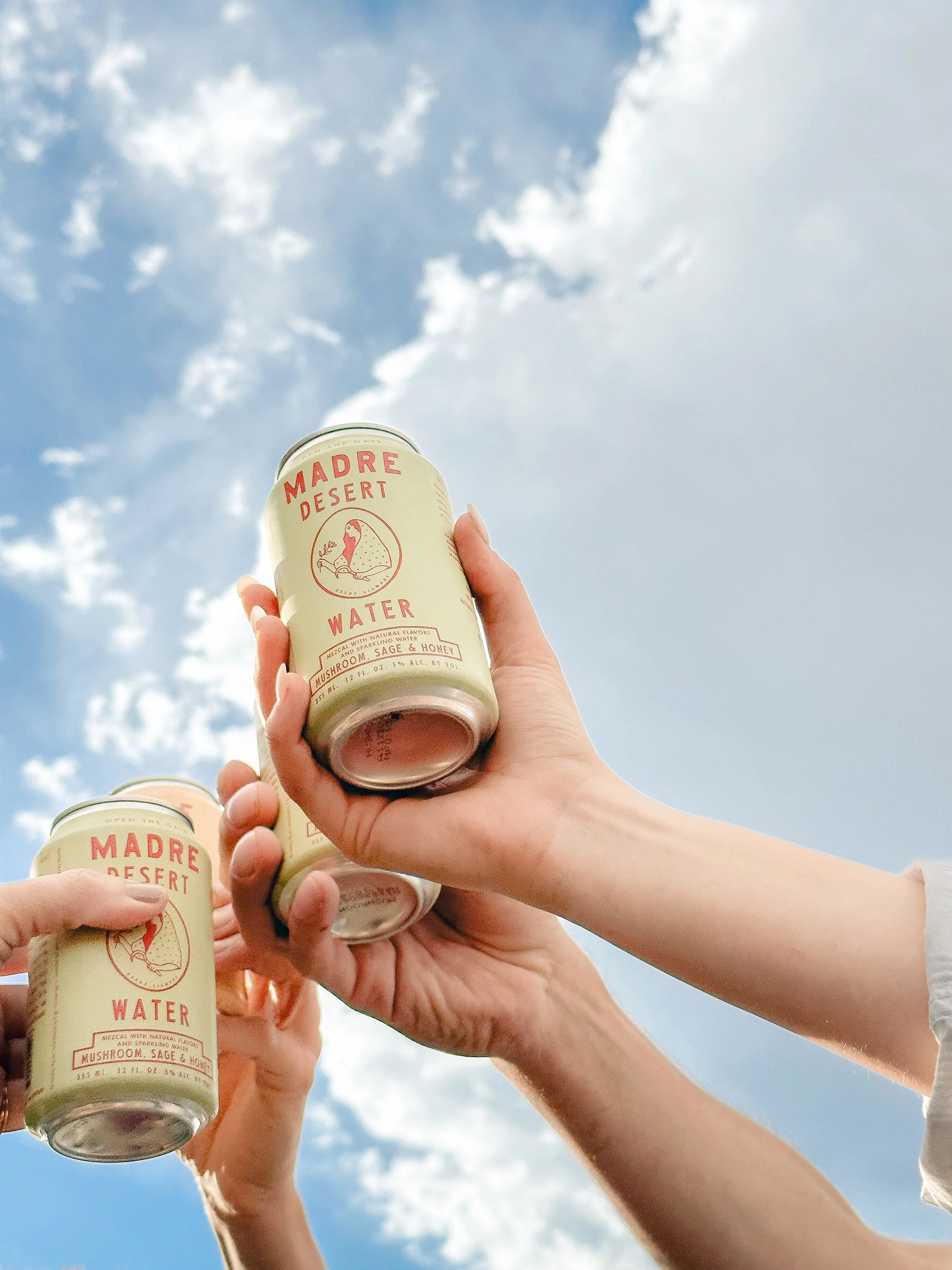 People holding cans of Madre Desert Water with a blue sky and clouds in the background.