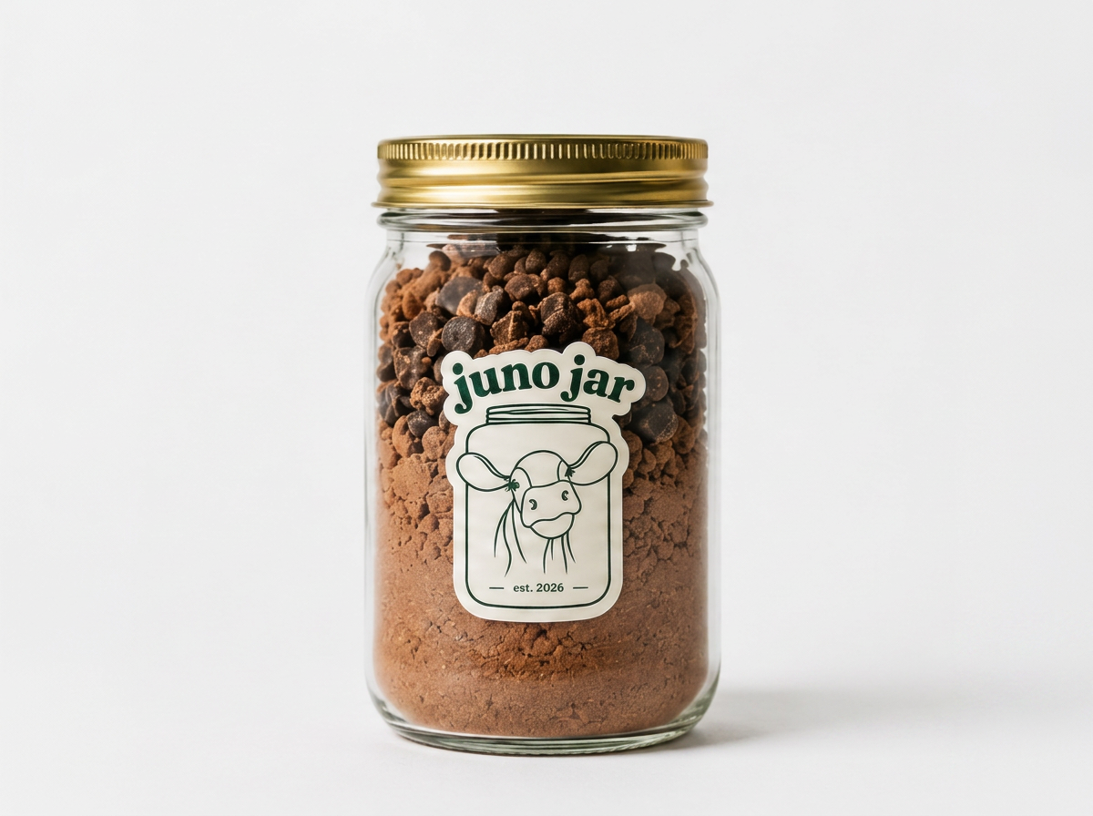 A glass jar with a gold lid filled with chocolate-flavored powder and chocolate-covered candies, featuring a label with a cow and the text "juno jar".