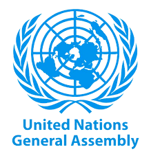 United Nations emblem with a world map surrounded by olive branches and the text 'United Nations General Assembly' beneath.