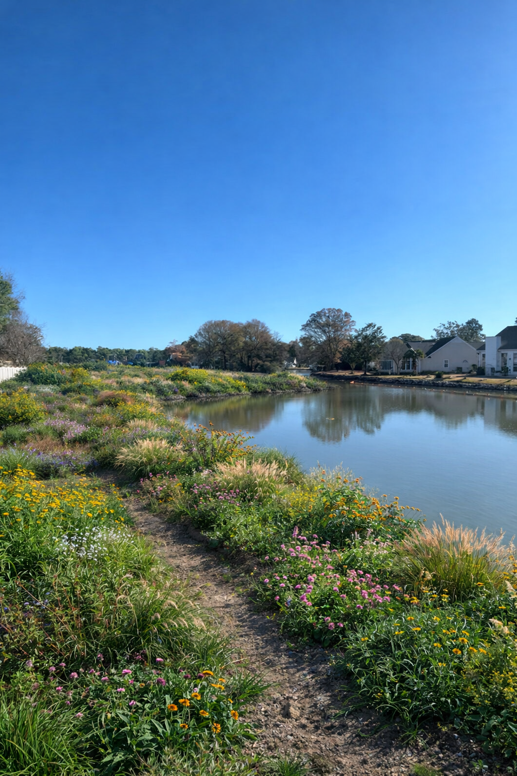 A colorful scene of pond banks with native wildflowers, green bushes, with a clear blue sky showing the beauty of sustainable designs.