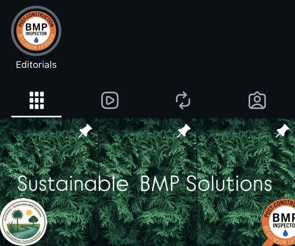 Promotion for sustainable BMP solutions on a background of dense green foliage, with logos promoting environmentally friendly practices.
