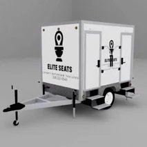 A portable trailer with an LED display for seating arrangements, branded 'Elite Seats,' featuring adjustable leveling jacks and wheels for mobility.