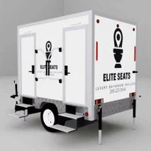 Mobile bar or food truck with graphics of a rocket and text that reads 'Elite Seats' and 'Luxury Seating Solutions'.