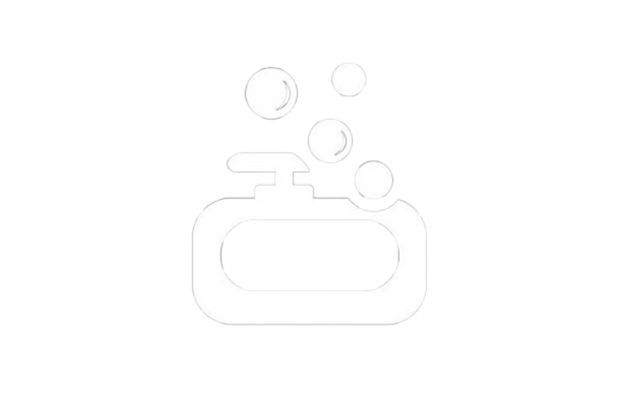 Icon of a soap dispenser with bubbles coming out of it, on a black background.