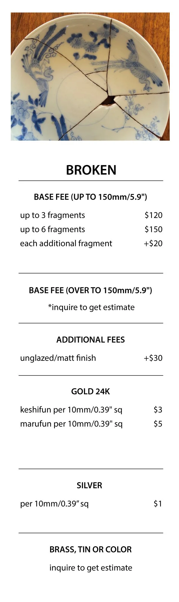 Price list for broken ware
